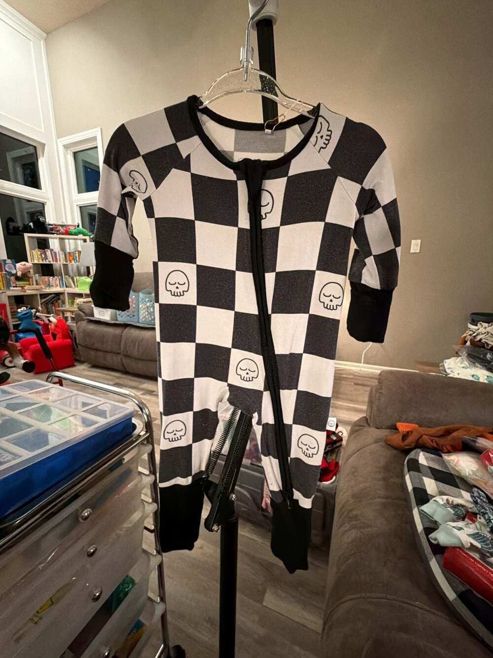 Lazy Bones Footed Sleeper NB Black White Skull Checkered